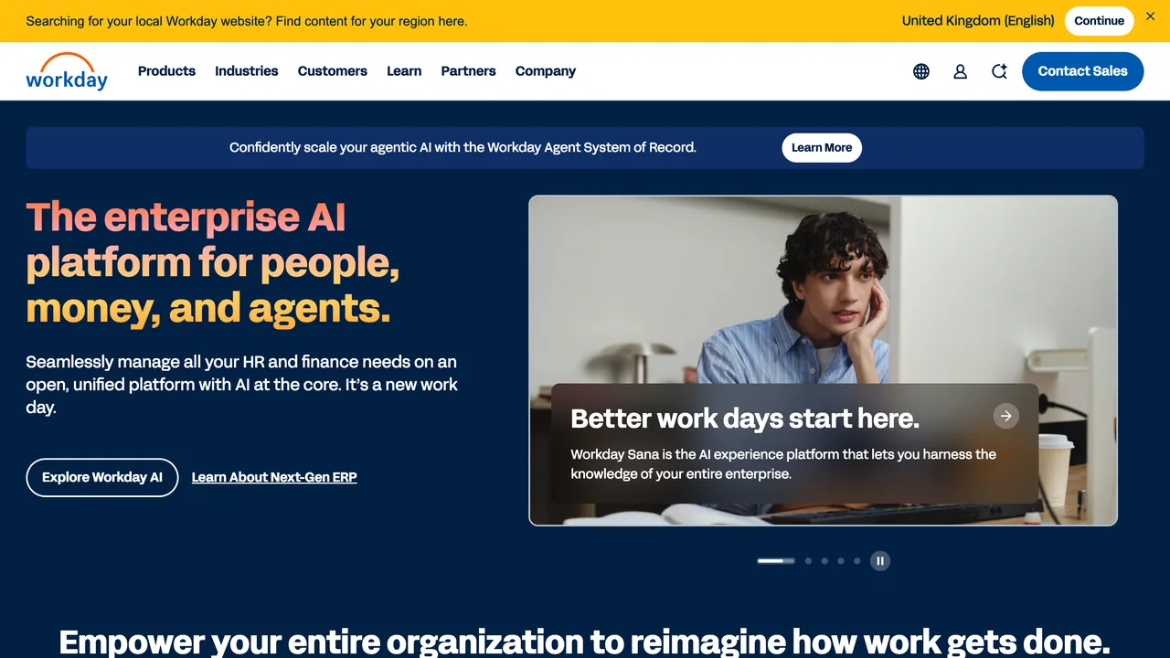 Workday public homepage showing its enterprise platform for people and finance, captured September 2026