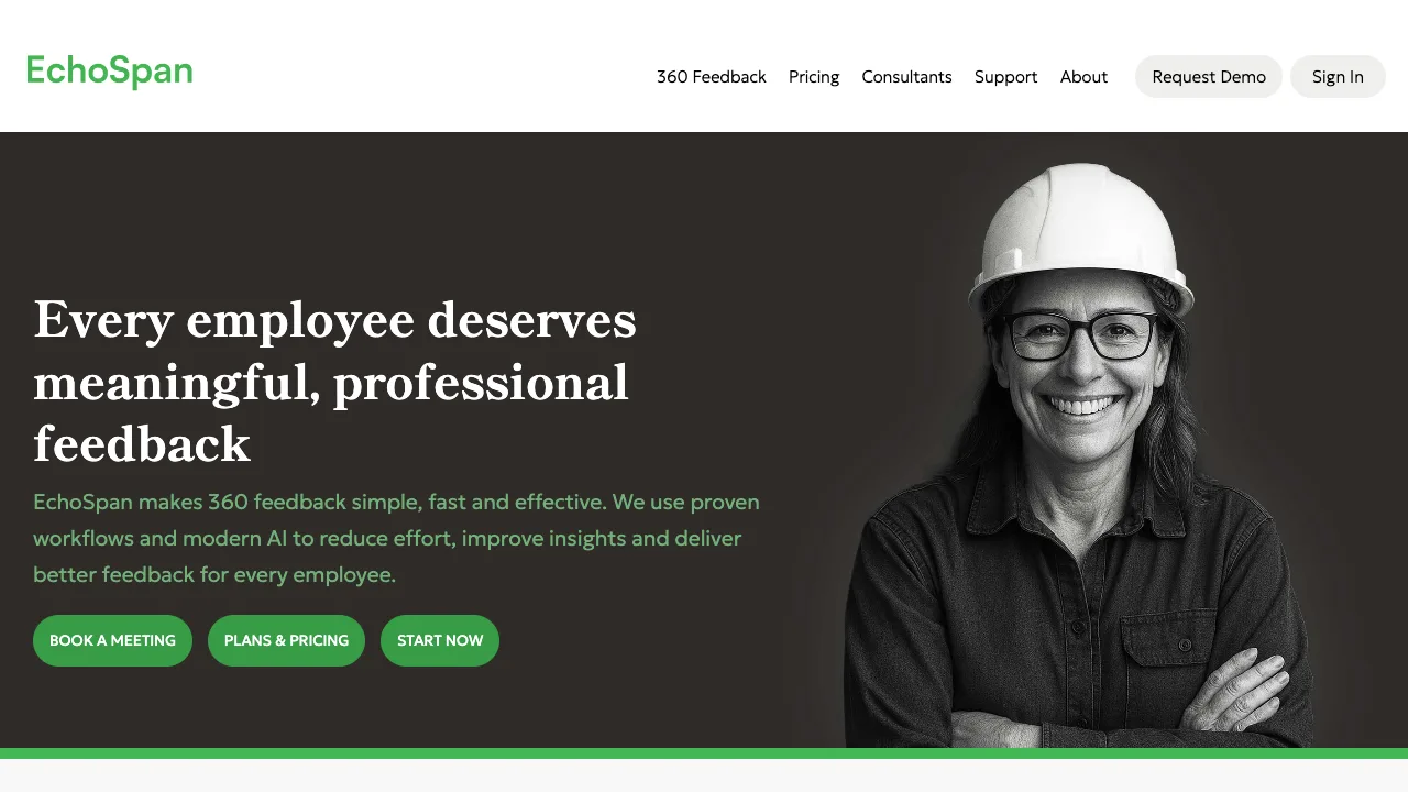 EchoSpan public homepage showing its 360 feedback headline and Plans and Pricing button, captured September 2026