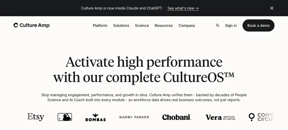 Culture Amp public homepage with its CultureOS headline and customer logos, captured September 2026