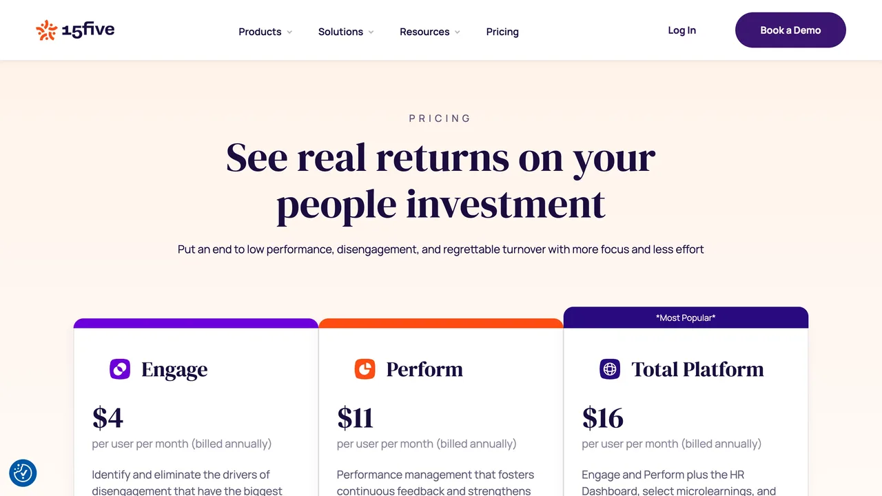 15Five public pricing page showing Engage, Perform and Total Platform plans, captured September 2026