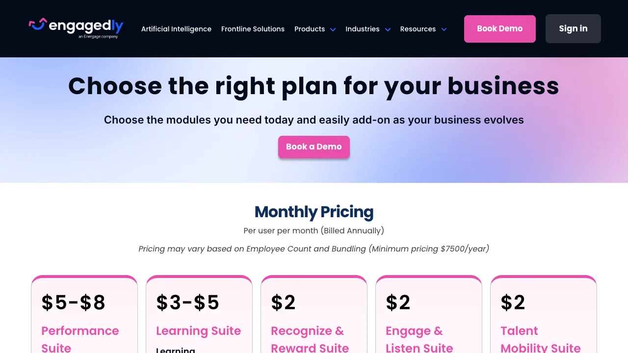 Engagedly public pricing page showing five modular suites and annual minimum, captured September 2026
