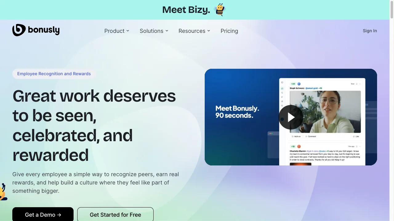 Bonusly public homepage showing its employee recognition message, captured September 2026