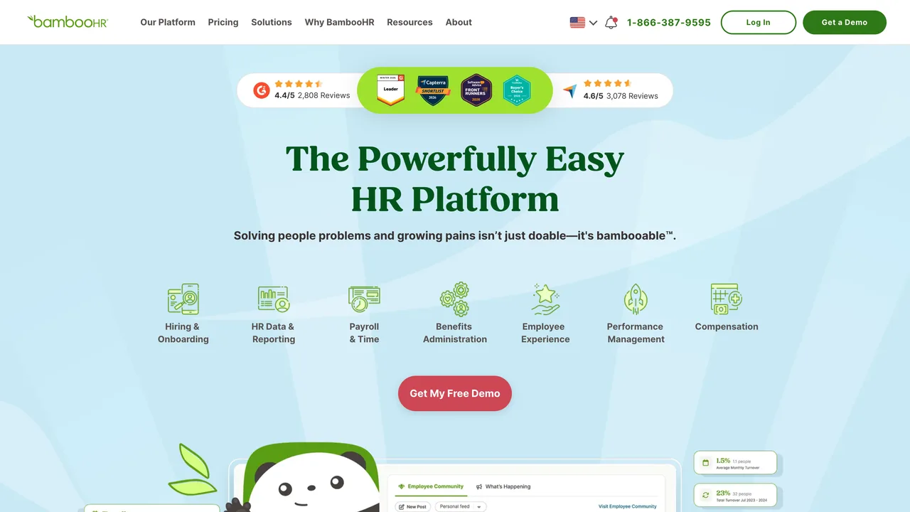 BambooHR public homepage showing its HR platform and performance management category, captured September 2026