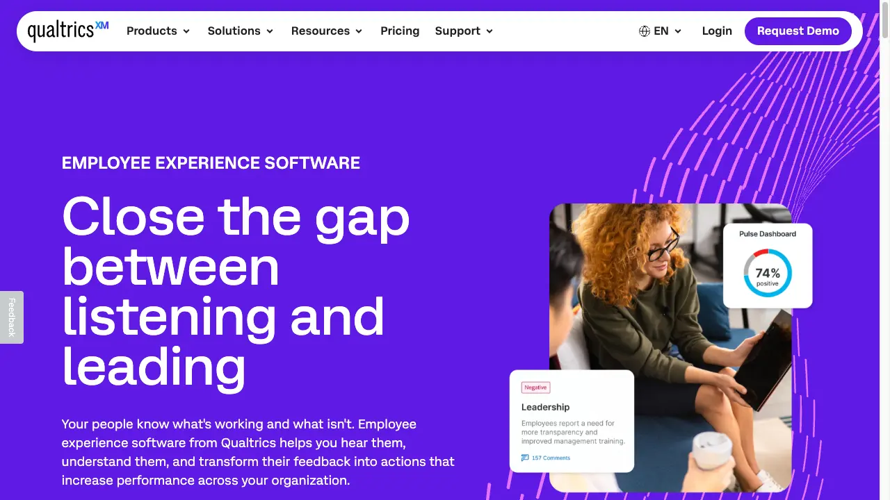 Qualtrics Employee Experience homepage with a 'Request Demo' button in the navigation and 'Request demo' / 'Get a product tour' calls-to-action below the headline, captured July 2026.