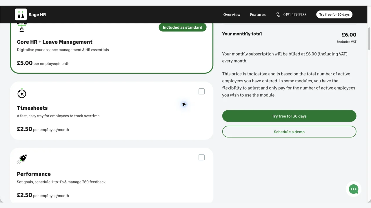 Sage HR pricing calculator showing the Performance module at £2.50 per employee per month, captured September 2026