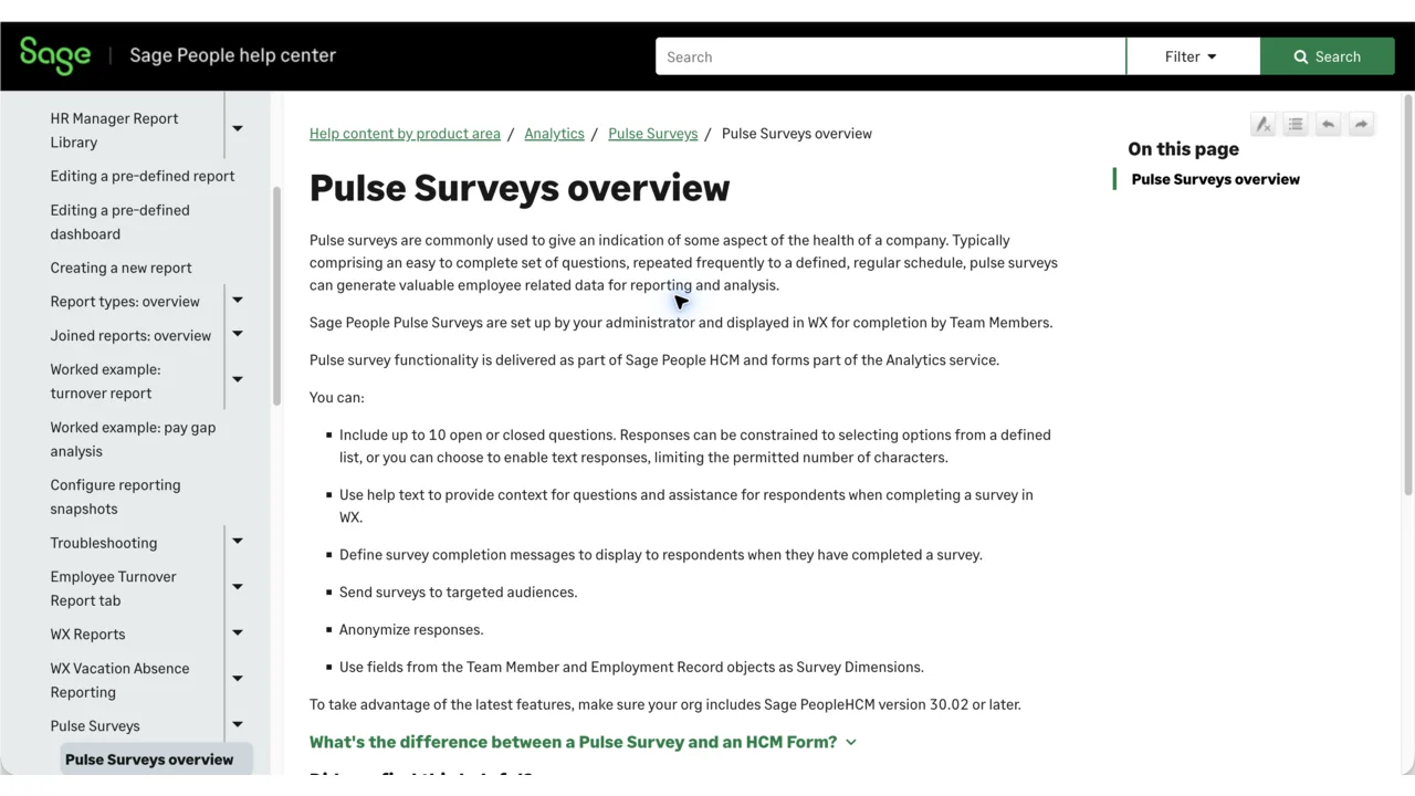 Sage People Pulse Surveys help page showing the 10-question cap, targeted audiences and anonymized responses, captured September 2026