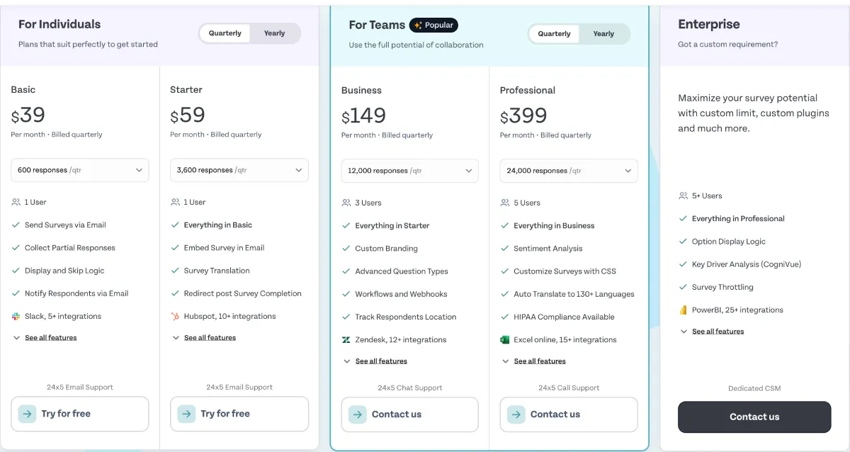 SurveySparrow Pricing Options as of September 2025