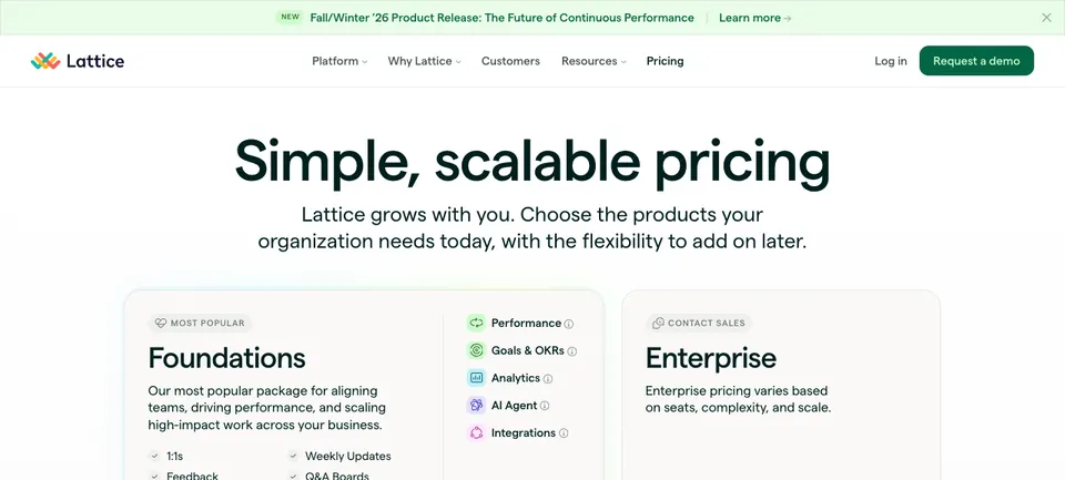 Lattice public pricing page showing Foundations and Enterprise packages, captured September 2026