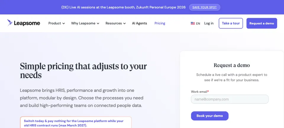 Leapsome public pricing page showing modular people-platform products, captured September 2026