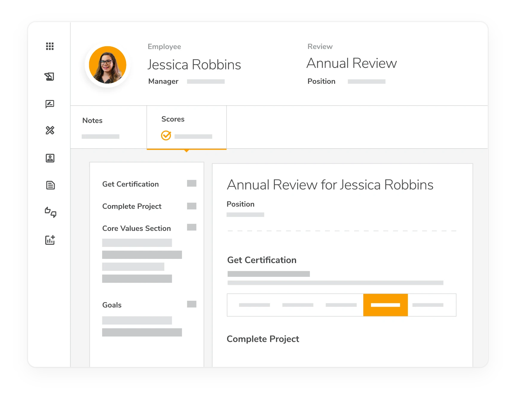 Trakstar Perform interface showing an annual review, goals, notes and score reporting