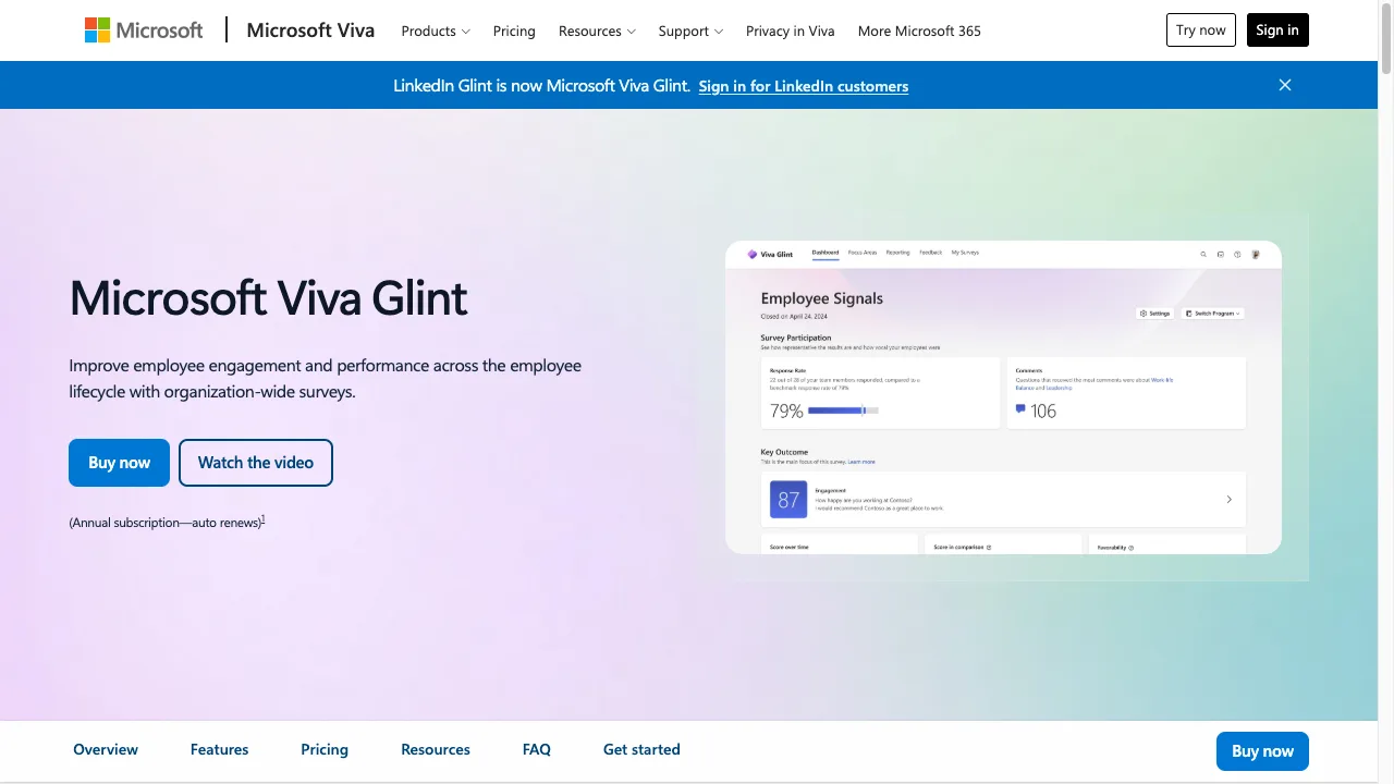 Microsoft Viva Glint public product page with employee signals dashboard preview, captured September 2026