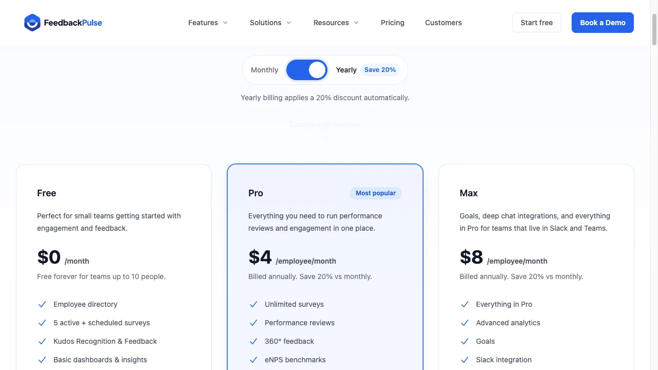 FeedbackPulse public pricing page showing Free, Pro and Max plans, with 360 feedback on Pro, captured September 2026