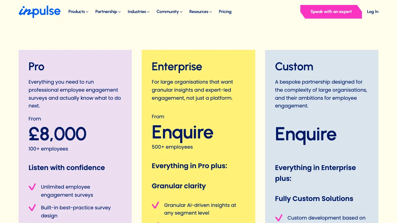 Inpulse public pricing page showing Pro from £8,000 and Enterprise and Custom enquiry tiers, captured September 2026