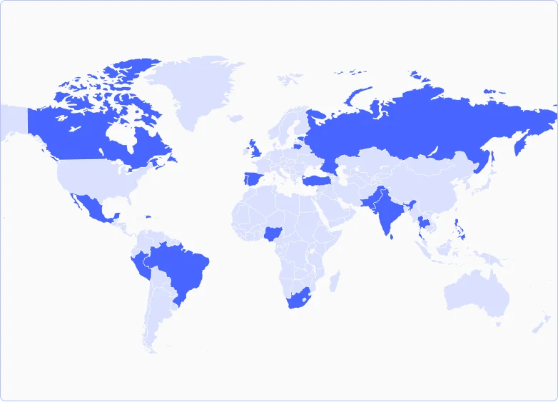 Hey Digital’s world map highlighting countries represented across its remote team