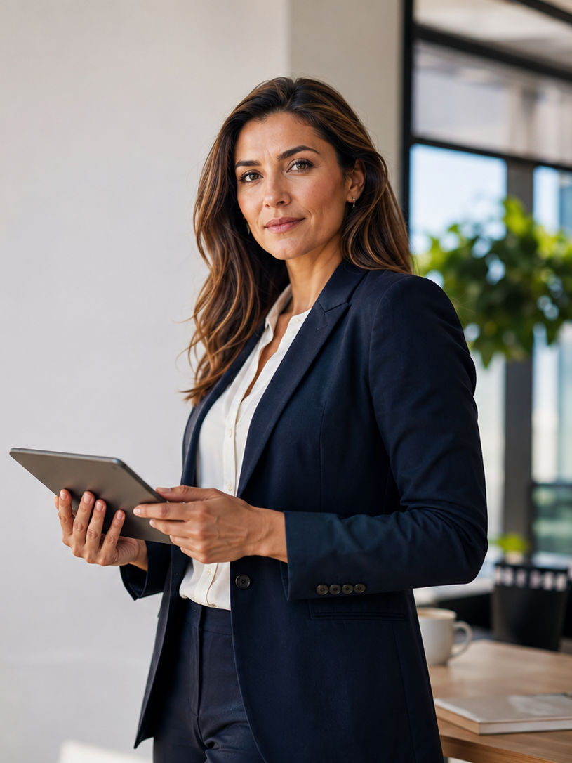 HR leader holding a tablet in a modern office