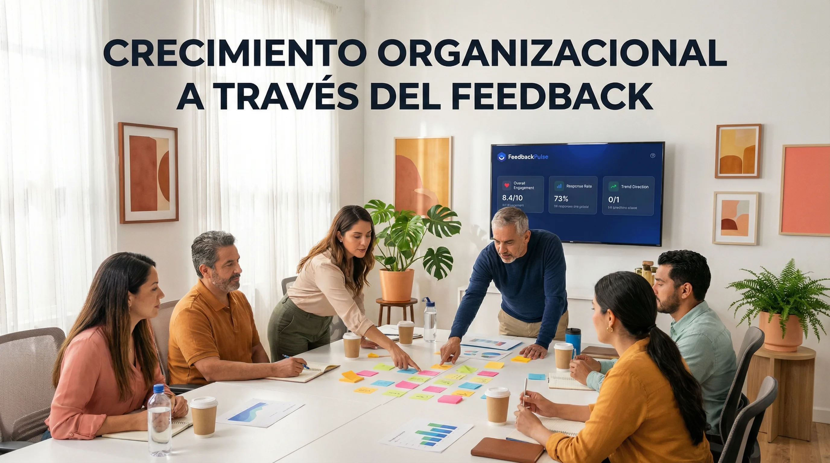 Equipo colaborando en un taller con panel de compromiso laboral visible