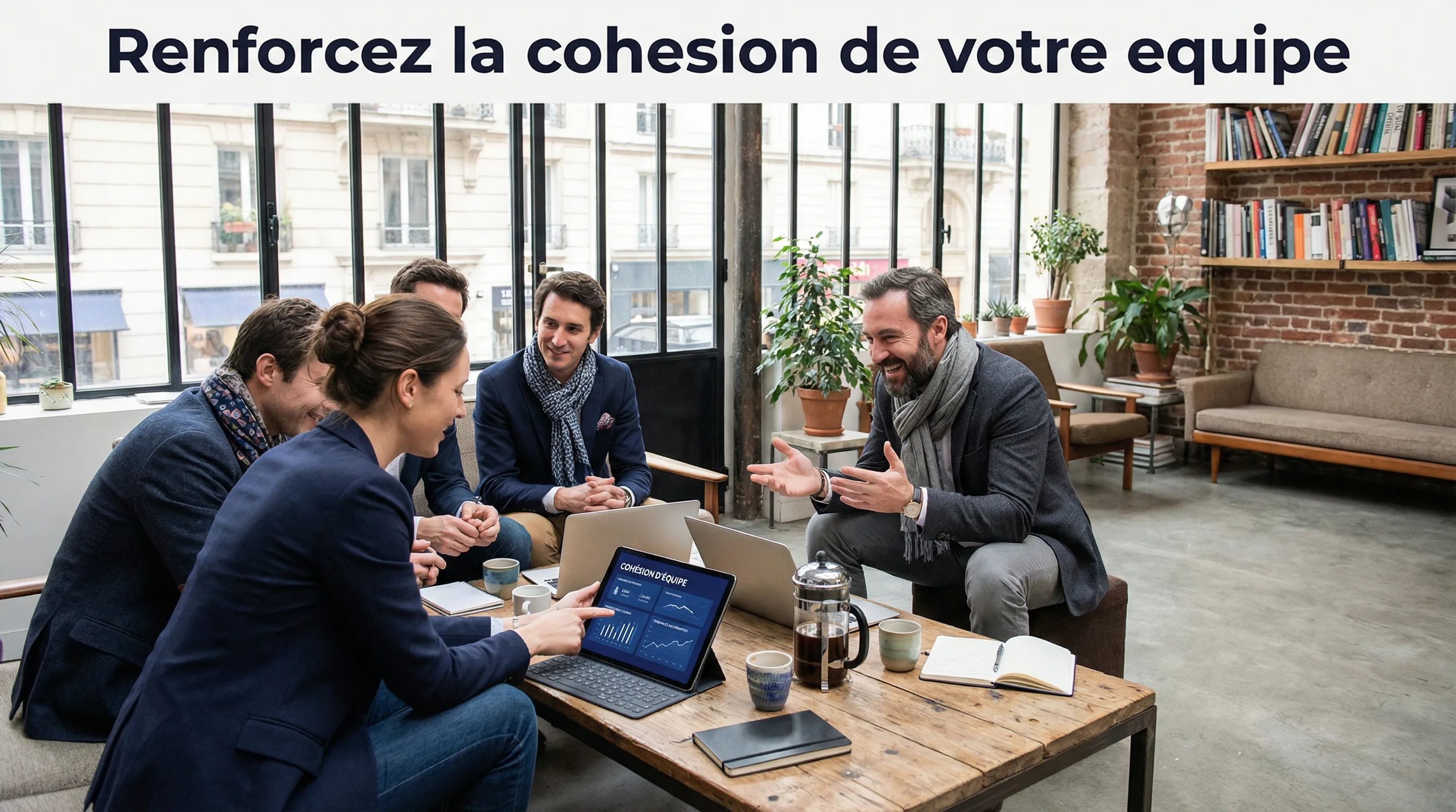 Equipe discutant des metriques de cohesion sur tablette dans un bureau parisien