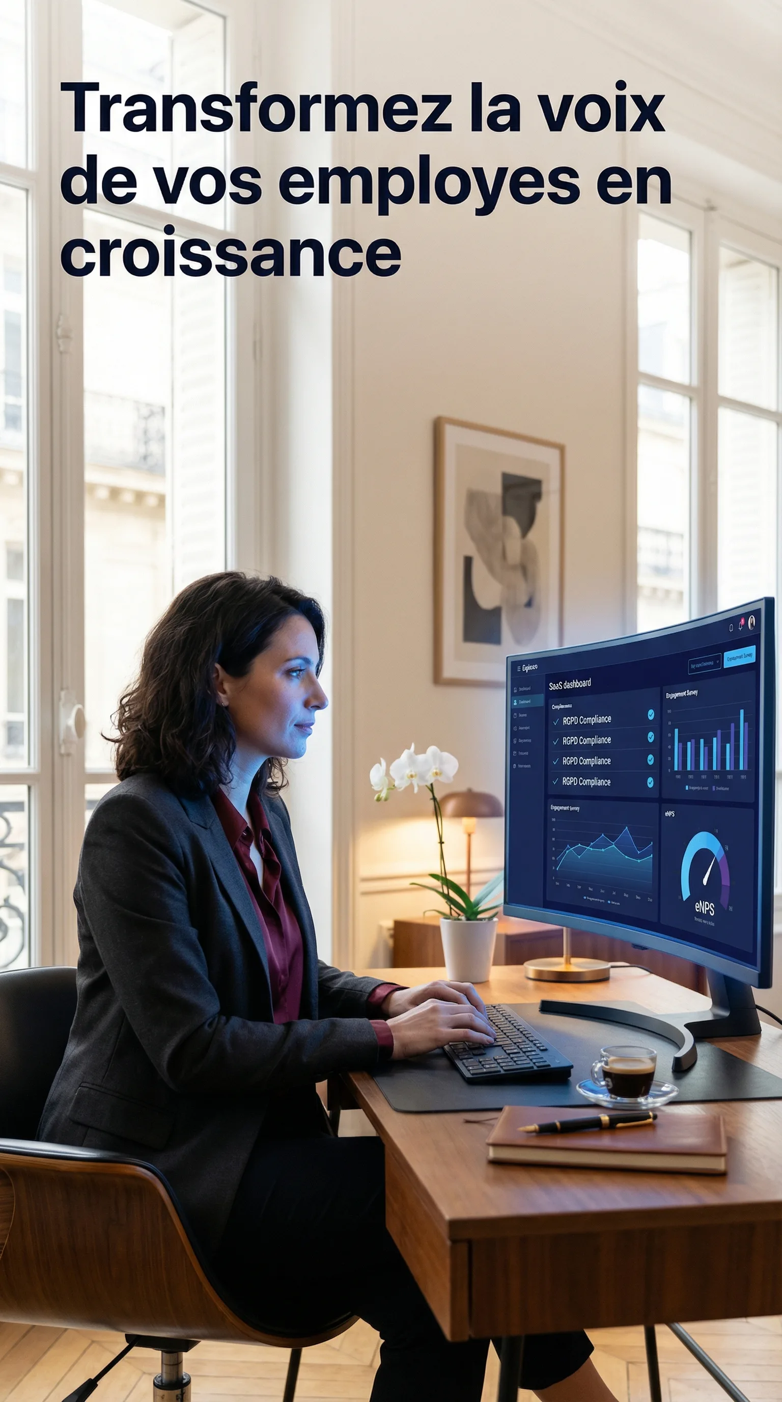 Responsable RH analysant le tableau de bord des enquetes d'engagement sur un ecran large
