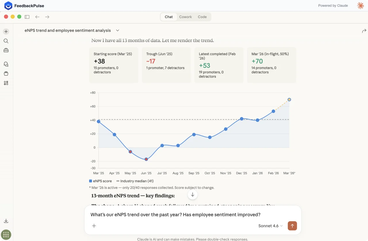 FeedbackPulse eNPS trend analysis inside Claude Cowork — 13-month employee sentiment trend with AI-powered insights