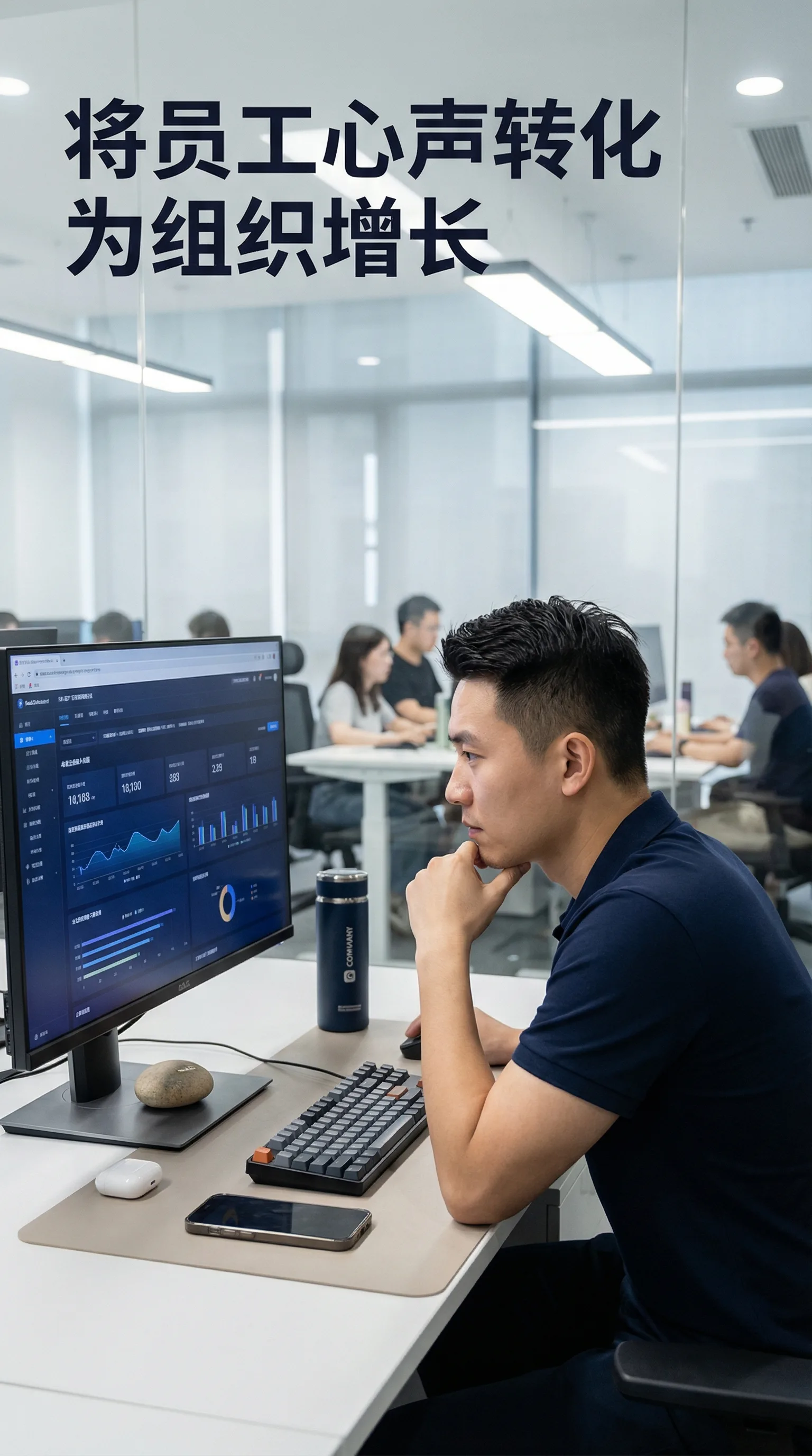 HR经理在双显示器上分析员工敬业度数据仪表盘