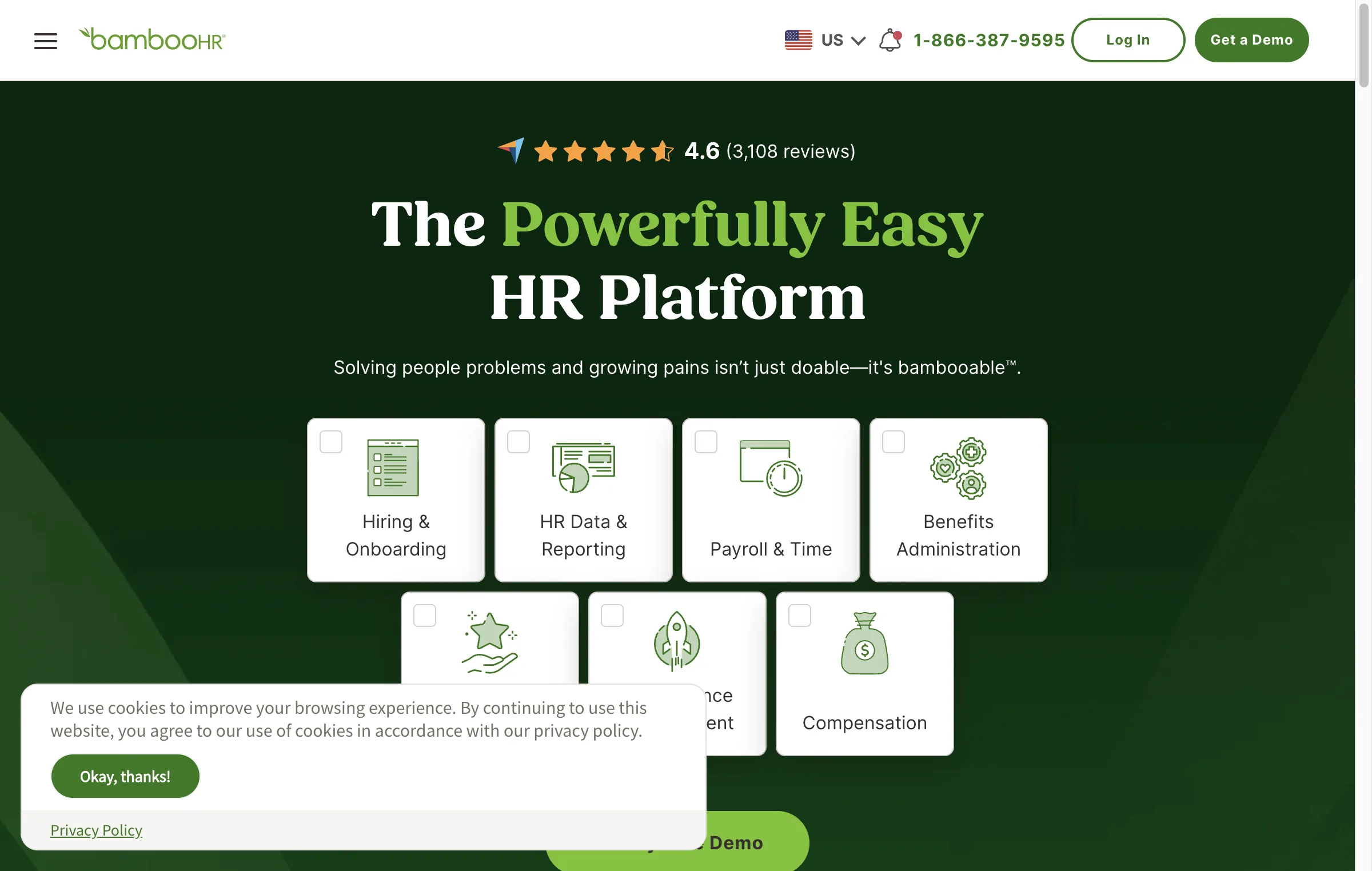 BambooHR homepage describing a powerfully easy HR platform