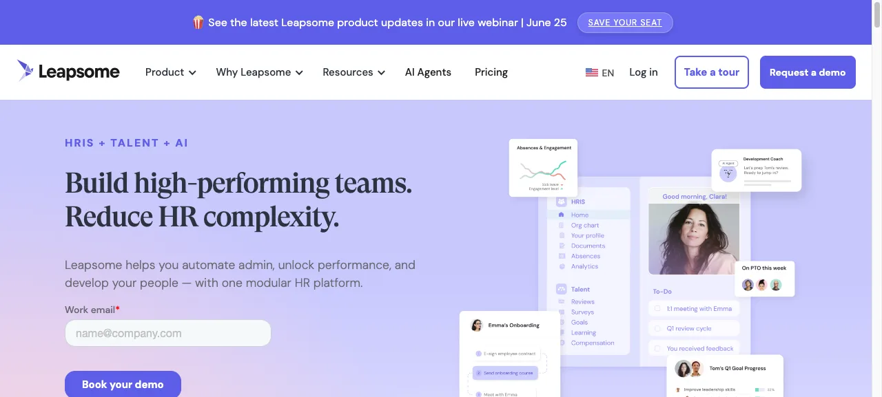Leapsome homepage describing AI-powered HR software and a people platform