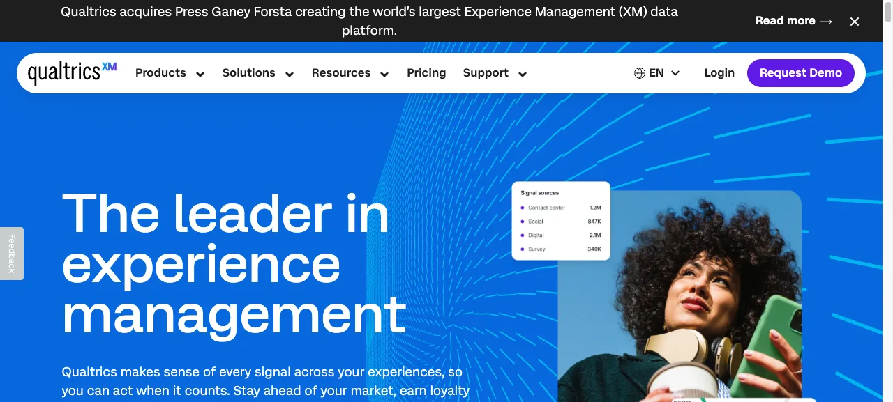 Qualtrics homepage positioning it as the leader in experience management