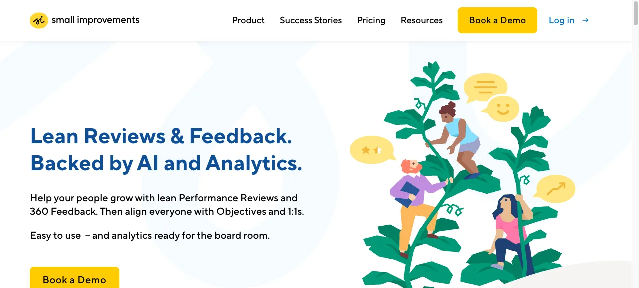 Small Improvements homepage showing lean performance reviews and 360 feedback