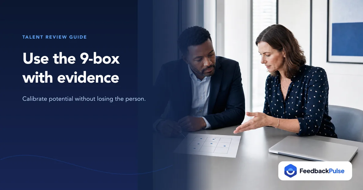 People leaders discussing a nine-box talent review grid