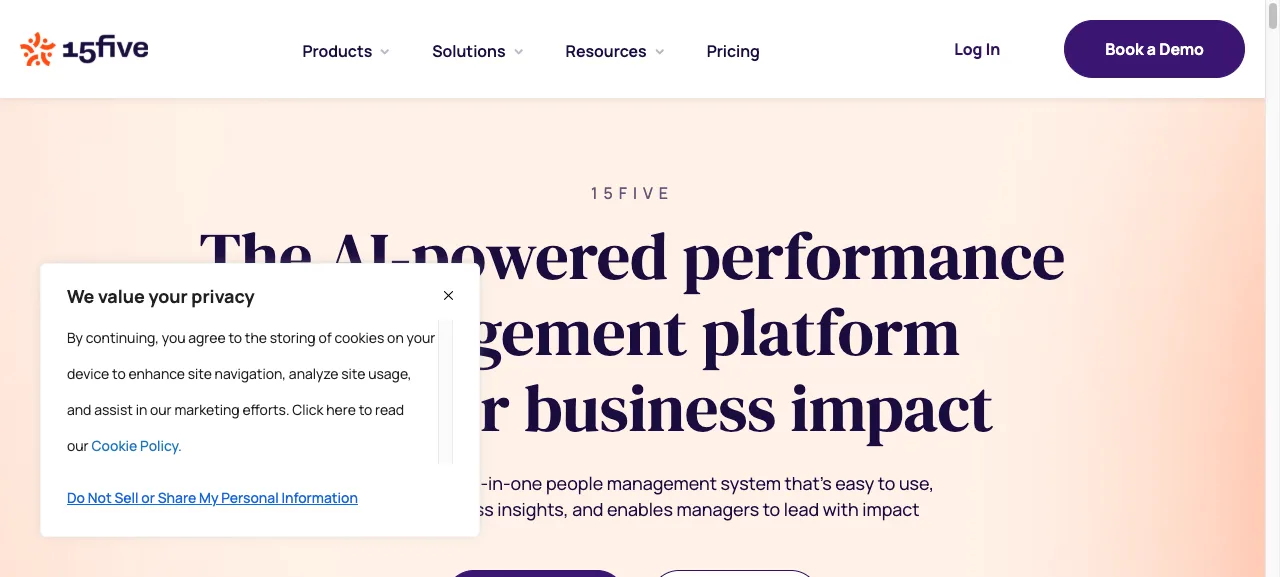 15Five homepage describing an AI-powered continuous performance management platform