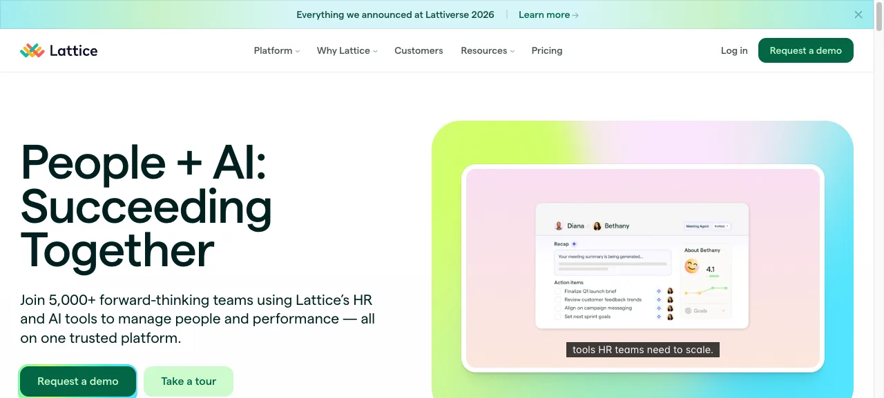 Lattice homepage describing an HR platform that pairs people and AI