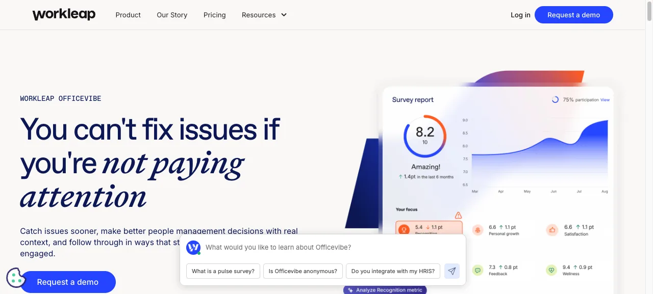 Officevibe by Workleap homepage showing a pulse survey engagement dashboard