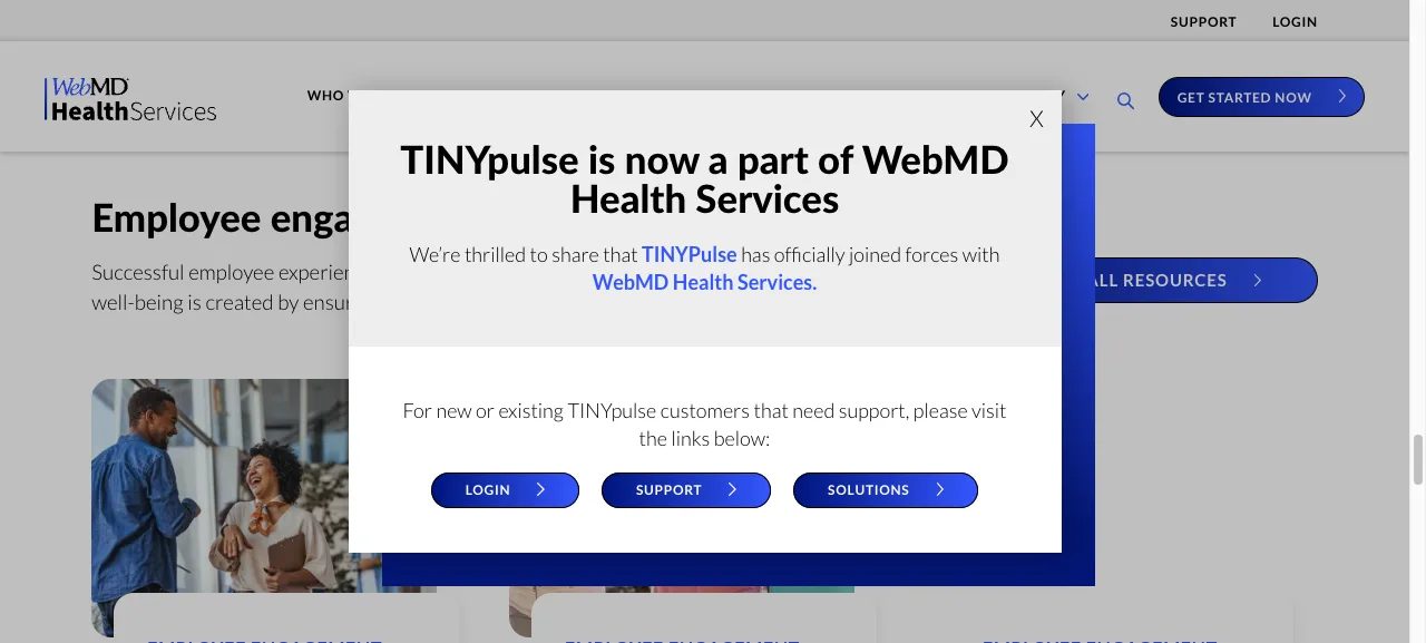 TINYpulse site showing a notice that TINYpulse is now part of WebMD Health Services