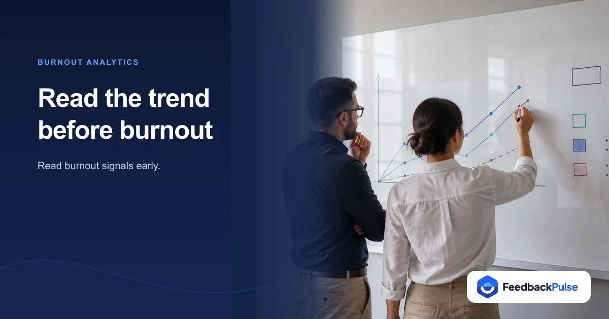 Two managers review a simple trend board while discussing burnout analytics.