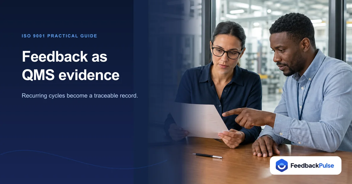 Quality and HR managers reviewing employee feedback as ISO 9001 evidence