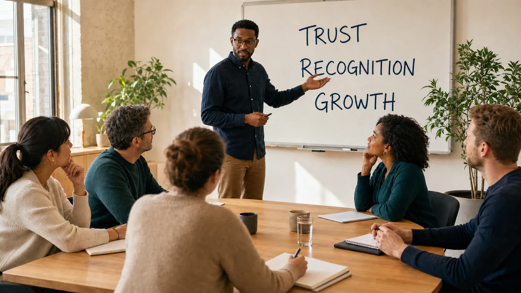 People manager presenting trust, recognition, and growth themes to colleagues in a meeting