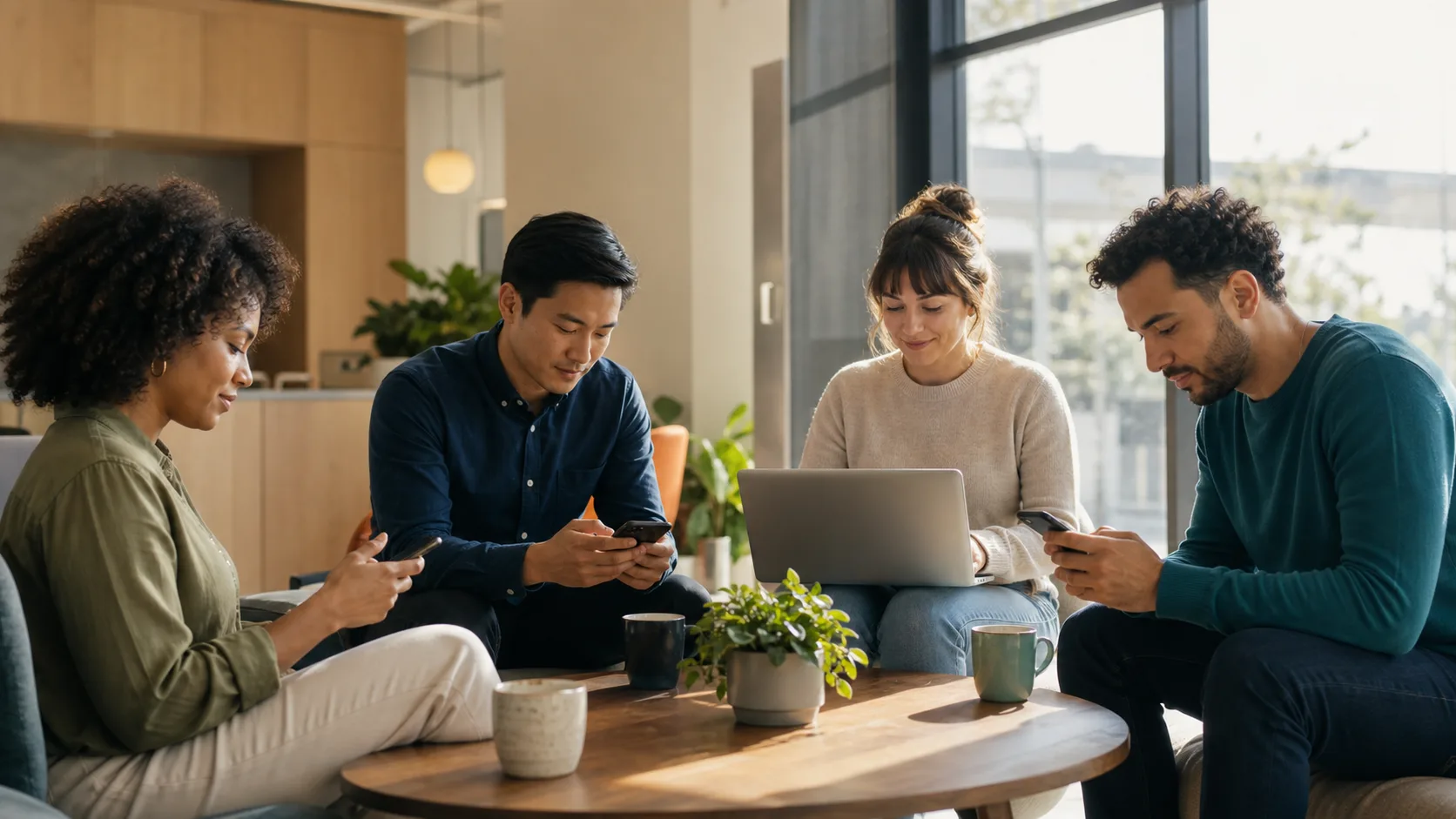 Coworkers taking part in a relaxed workplace check-in around a table
