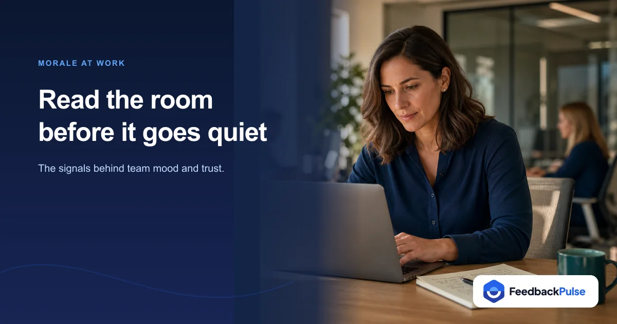 People manager reviewing employee morale at a workplace desk with an action-items note