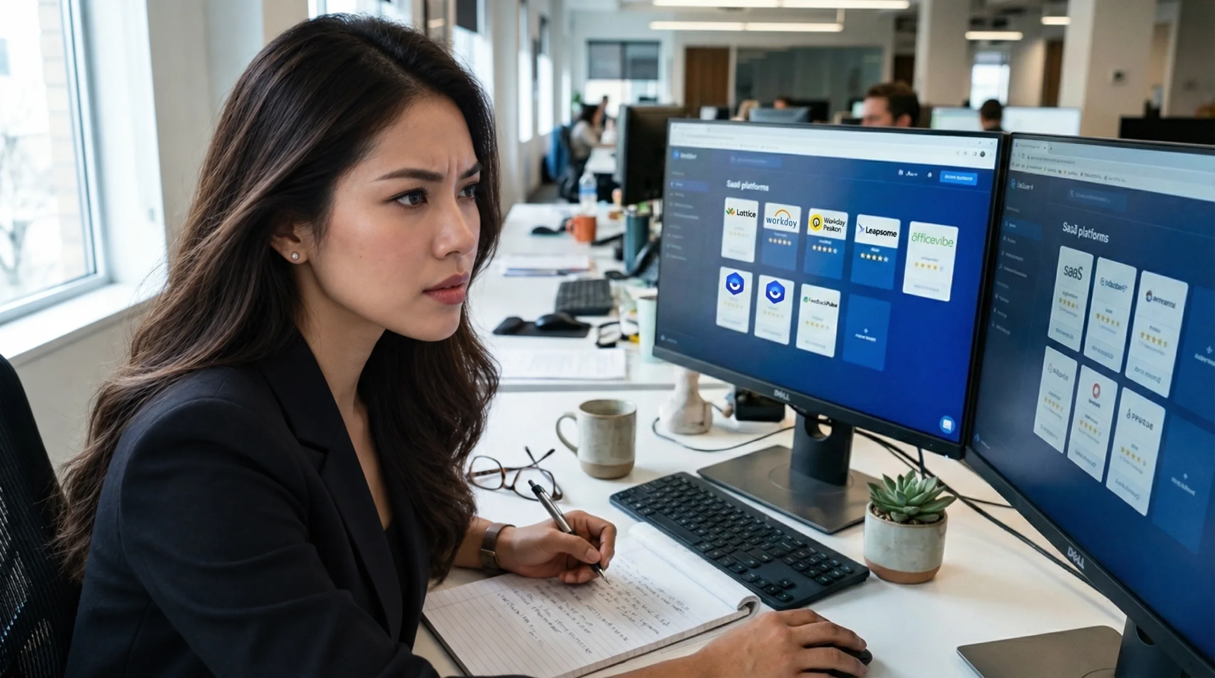 A Thai HR leader comparing employee survey software across two monitors in a modern office