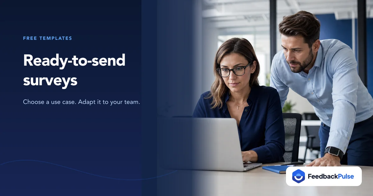Colleagues adapting an employee survey template on a laptop