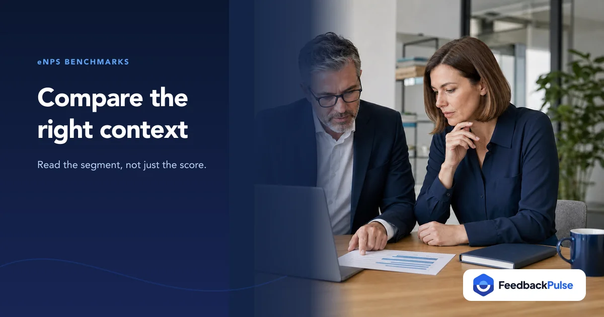 People leaders comparing employee net promoter score benchmark results