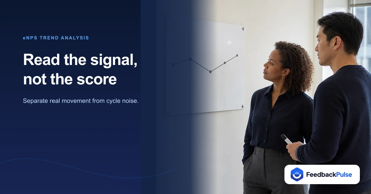 People leader and analyst reviewing a five-cycle marker line for eNPS trend analysis