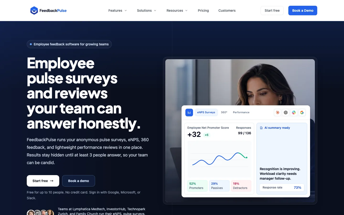 FeedbackPulse homepage showing pulse surveys, reviews, and an eNPS report preview