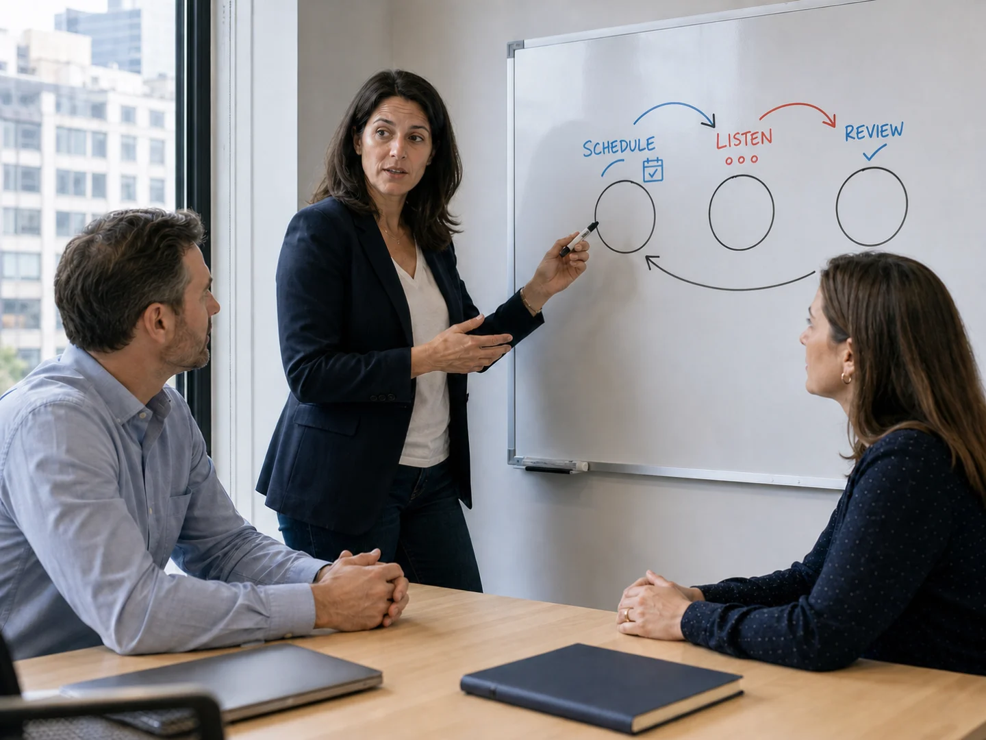 HR consultant mapping a three-step schedule, listen, and review feedback cadence with two client leaders