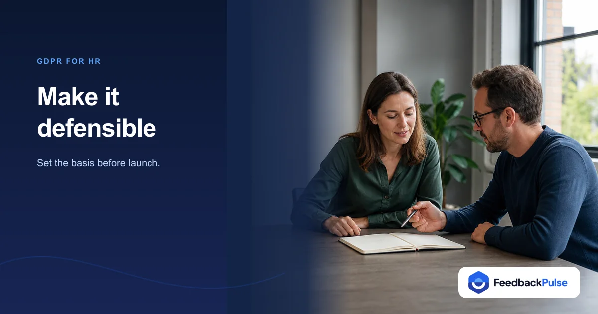 Two HR leaders discuss GDPR employee survey safeguards over an open notebook.