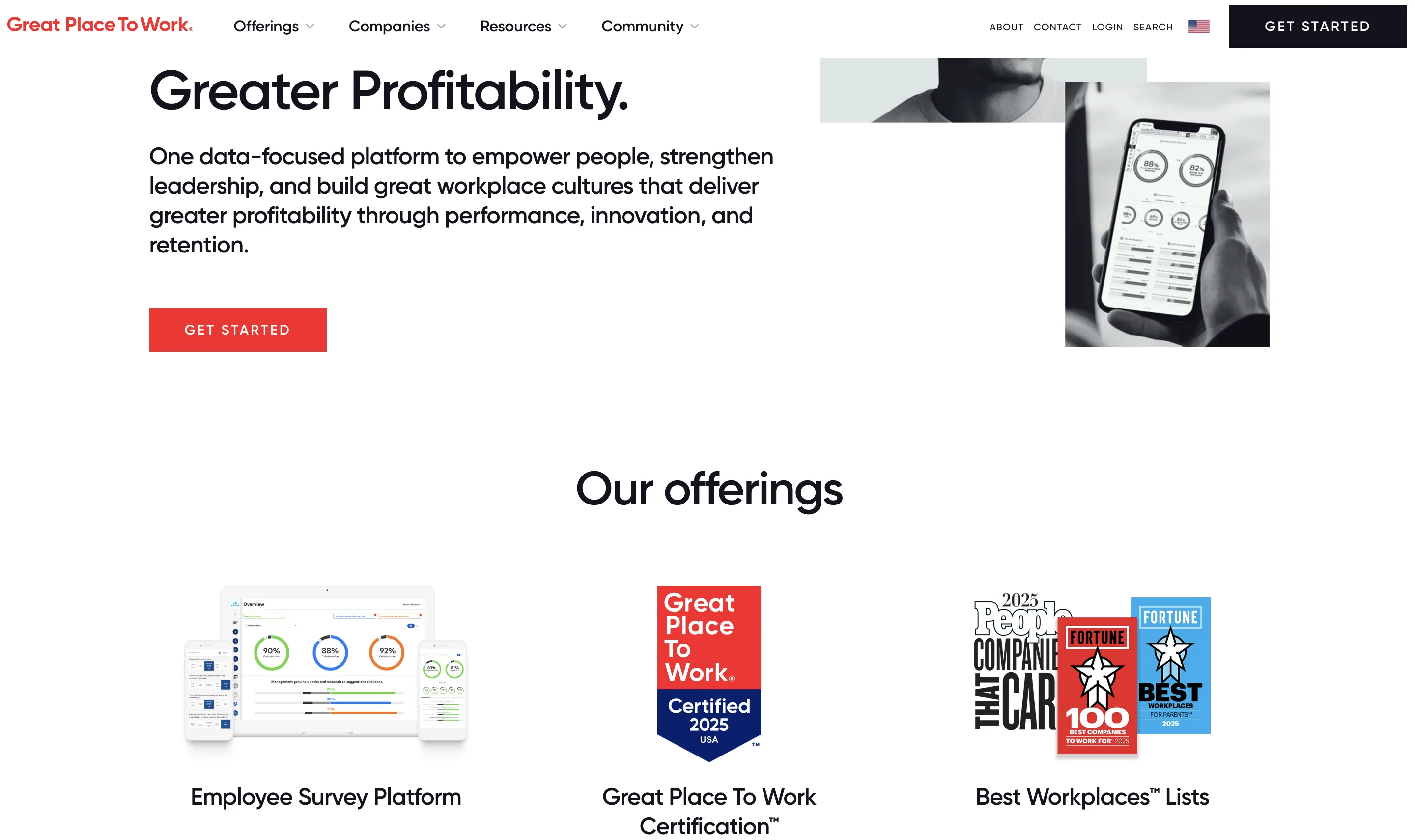 Great Place To Work website showing certification and employee survey platform offerings for a Great Place To Work certification cost guide