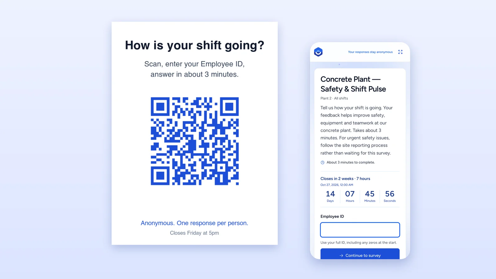 Printed QR code survey poster next to a phone showing the Employee ID check-in