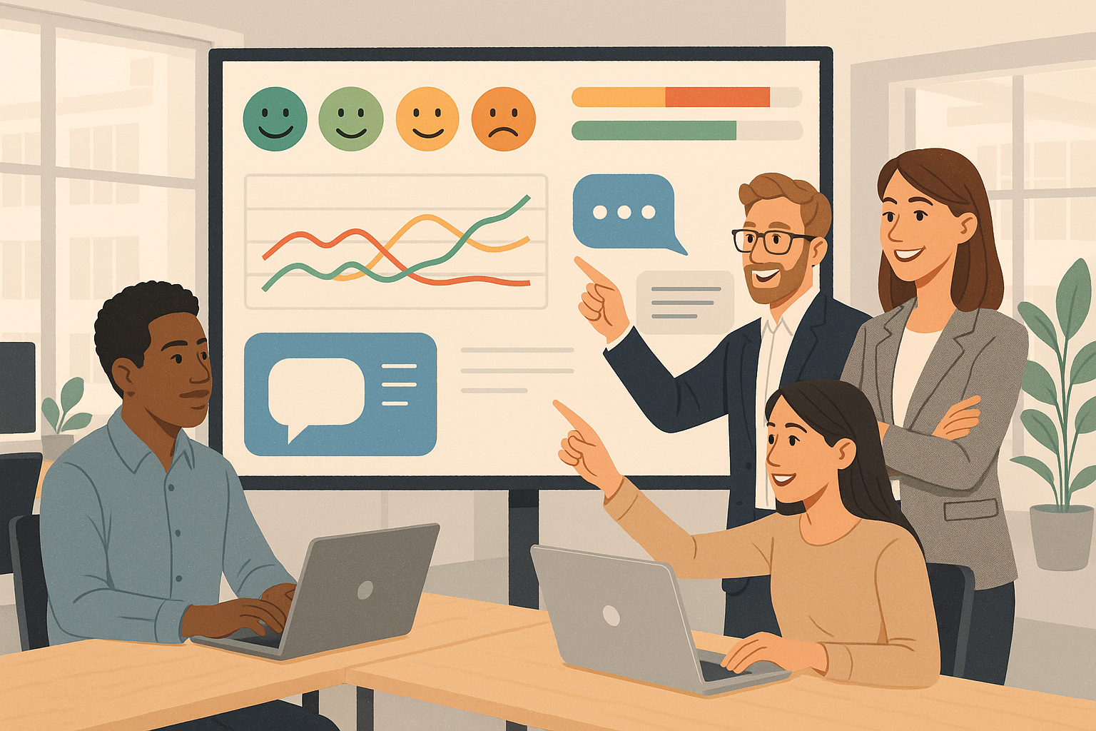 illustration of the office workers analizing feedback survey trends