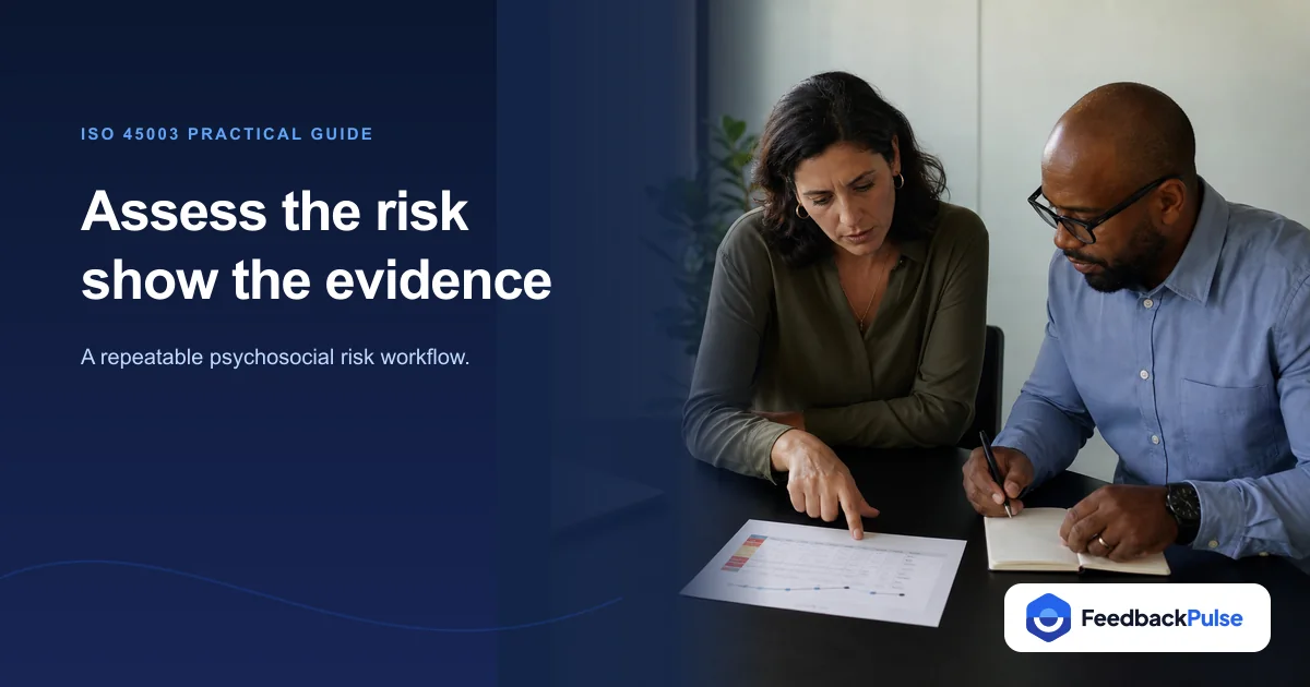 HR and safety leaders reviewing an ISO 45003 psychosocial risk assessment worksheet