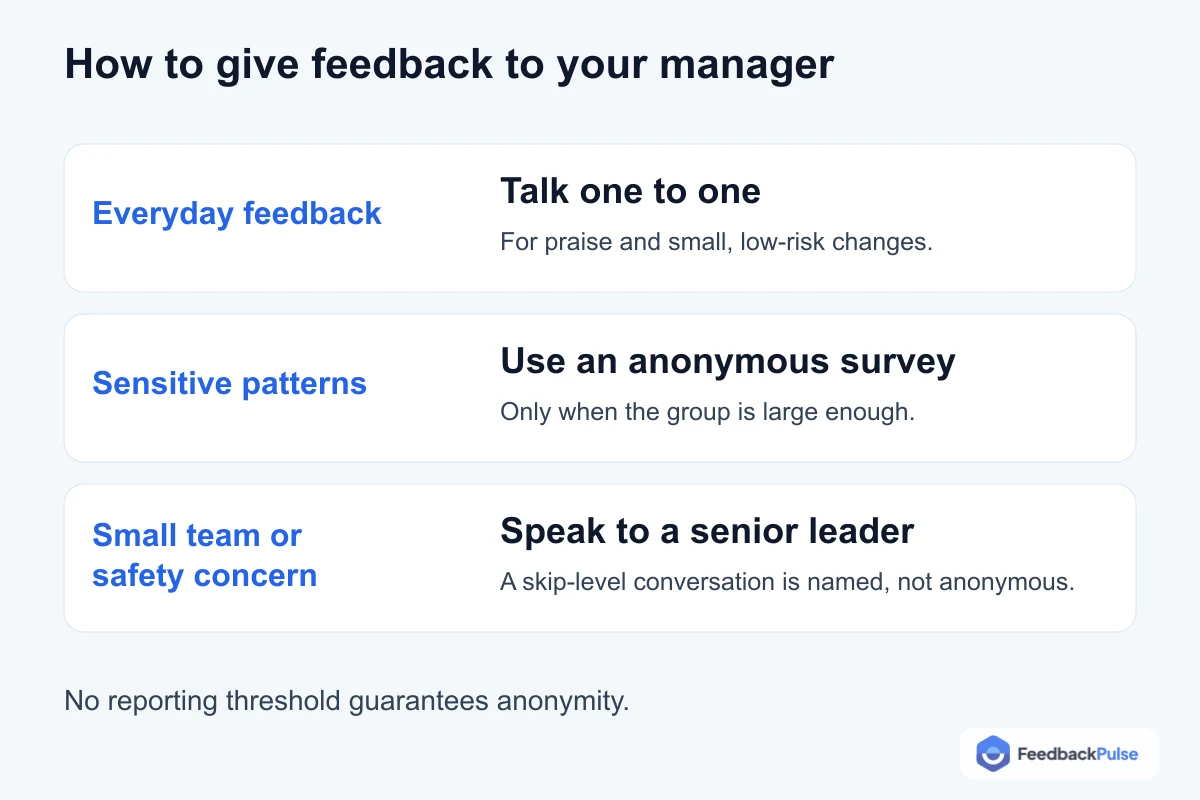 Three manager feedback choices: talk one to one for everyday feedback, use an anonymous survey for sensitive patterns when the group is large enough, or speak to a senior leader for small-team or safety concerns